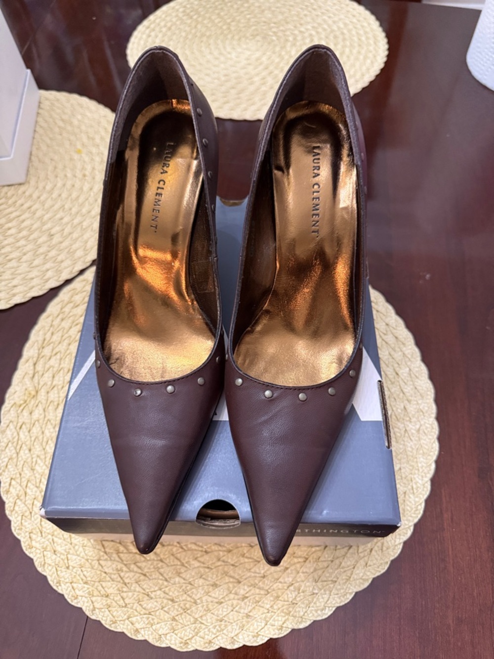 Brown Pointed Toe Studded Leather Pumps size 6.5 / 38